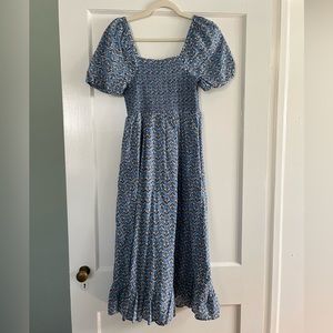 J. Crew Blue Floral Smocked Puff Sleeve Midi Dress